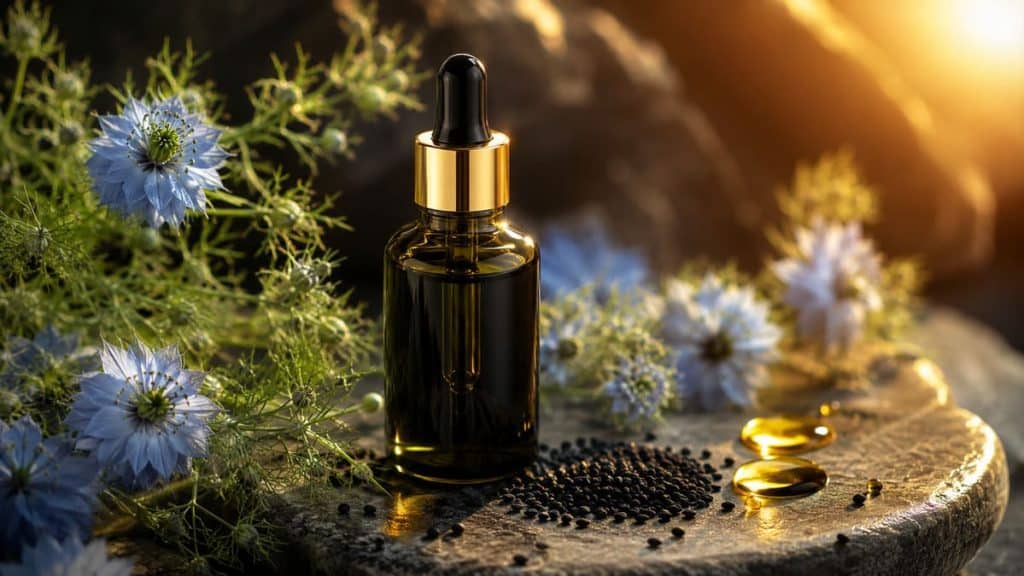 Преміальна олія чорного кмину у флаконі серед квітів Nigella sativa та насіння, натуральний косметичний інгредієнт для догляду за шкірою.