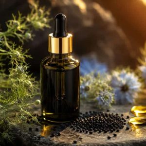 Преміальна олія чорного кмину у флаконі серед квітів Nigella sativa та насіння, натуральний косметичний інгредієнт для догляду за шкірою.