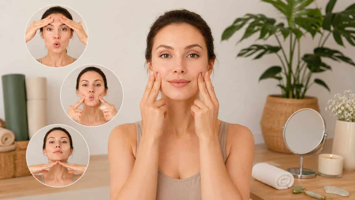 Жінка виконує вправи з фейс-білдингу у світлому wellness-просторі.